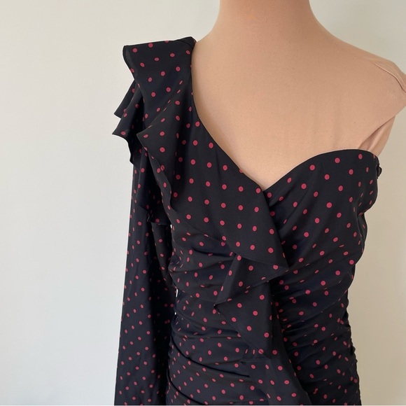 VERONICA BEARD Leona Ruched Black Red Polka-Dot One-Shoulder Ruffle Dress EUC 6 - Picture 8 of 12